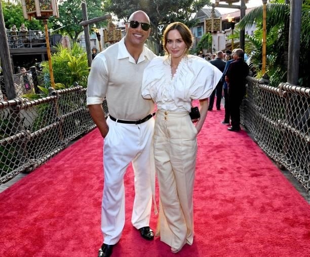 Dwayne Johnson and Emily Blunt arrive at the world premiere for JUNGLE CRUISE, held at Disneyland in Anaheim, California on July 24, 2021.