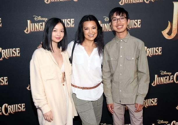 Michaela Zee, Ming-Na Wen, and Cooper Dominic Zee arrive at the world premiere for JUNGLE CRUISE, held at Disneyland in Anaheim, California on July...