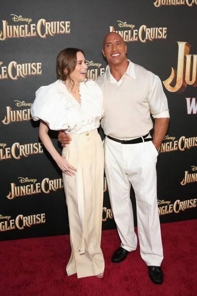 Emily Blunt and Dwayne Johnson arrive at the world premiere for JUNGLE CRUISE, held at Disneyland in Anaheim, California on July 24, 2021.