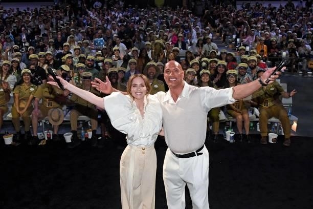 Emily Blunt and Dwayne Johnson speak onstage at the world premiere for JUNGLE CRUISE, held at Disneyland in Anaheim, California on July 24, 2021.
