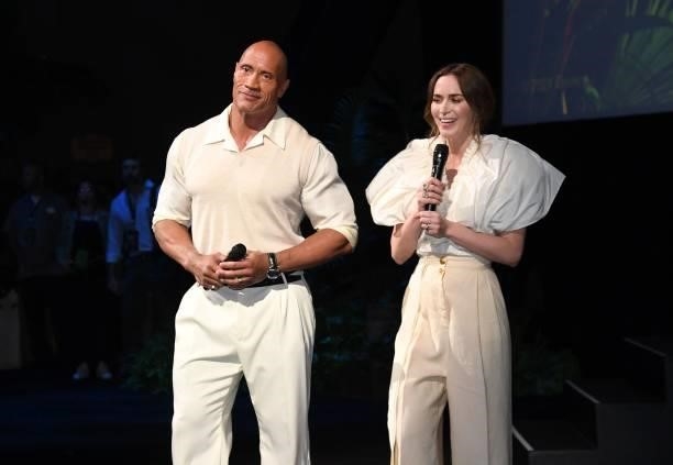 Dwayne Johnson and Emily Blunt speak onstage at the world premiere for JUNGLE CRUISE, held at Disneyland in Anaheim, California on July 24, 2021.