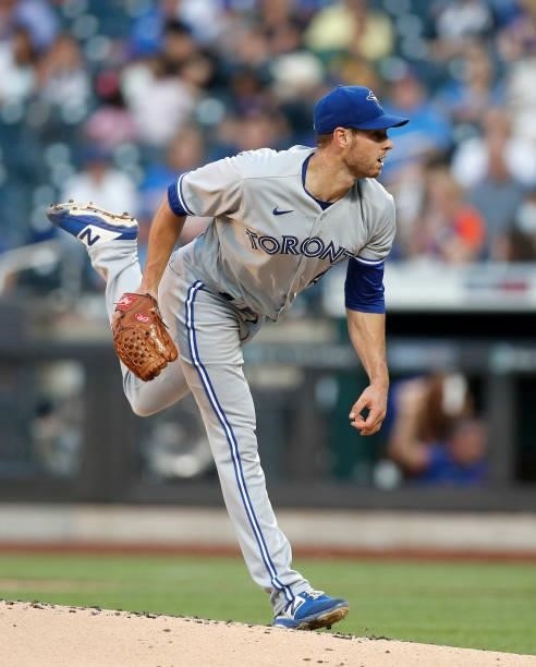 Steven Matz of the Toronto Blue Jays in action against the New York Mets at Citi Field on July 23, 2021 in New York City. The Mets defeated the Blue...