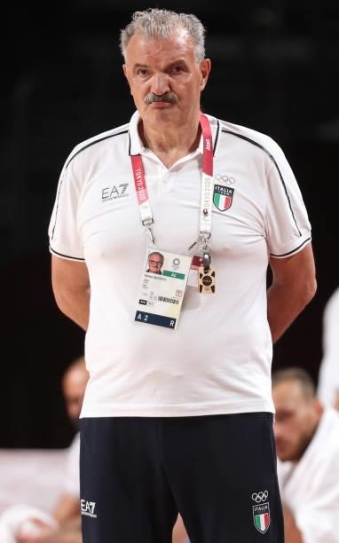 Head coach Meo Sacchetti of Team Italy looks on against Germany during the first half on day two of the Tokyo 2020 Olympic Games at Saitama Super...