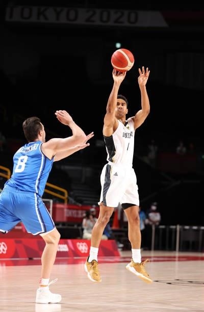 Maodo Lo of Team Germany shoots against Danilo Gallinari of Team Italy during the first half on day two of the Tokyo 2020 Olympic Games at Saitama...