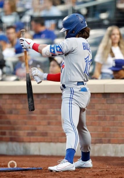 Bo Bichette of the Toronto Blue Jays prepares to bat against the New York Mets at Citi Field on July 23, 2021 in New York City. The Mets defeated the...