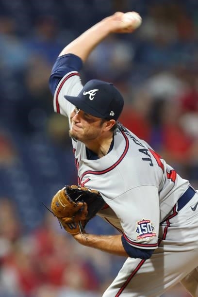 Luke Jackson of the Atlanta Braves in action against the Philadelphia Phillies during a game at Citizens Bank Park on July 24, 2021 in Philadelphia,...