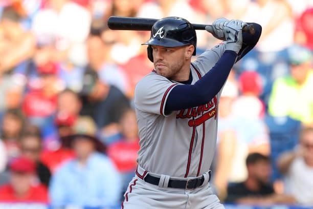 Freddie Freeman of the Atlanta Braves in action against the Philadelphia Phillies during a game at Citizens Bank Park on July 24, 2021 in...