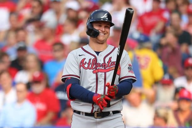 Joc Pederson of the Atlanta Braves in action against the Philadelphia Phillies during a game at Citizens Bank Park on July 24, 2021 in Philadelphia,...