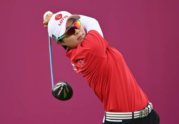 He Young Park of Korea plays her tee shot on the first hole during day three of the The Amundi Evian Championship at Evian Resort Golf Club on July...
