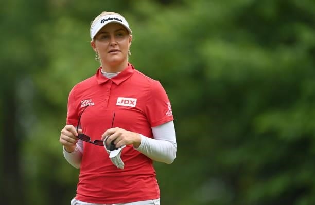 Charley Hull of England looks on during day three of the The Amundi Evian Championship at Evian Resort Golf Club on July 24, 2021 in Evian-les-Bains,...