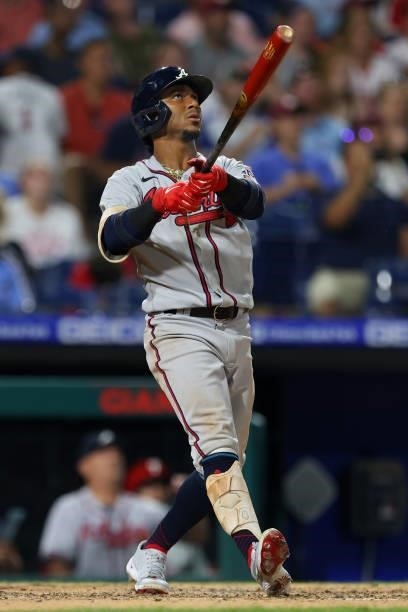 Ozzie Albies of the Atlanta Braves hits a three-run home run during the eighth inning against the Philadelphia Phillies in a game at Citizens Bank...
