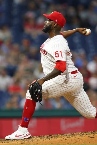 Enyel De Los Santos of the Philadelphia Phillies in action against the Atlanta Braves during a game at Citizens Bank Park on July 24, 2021 in...