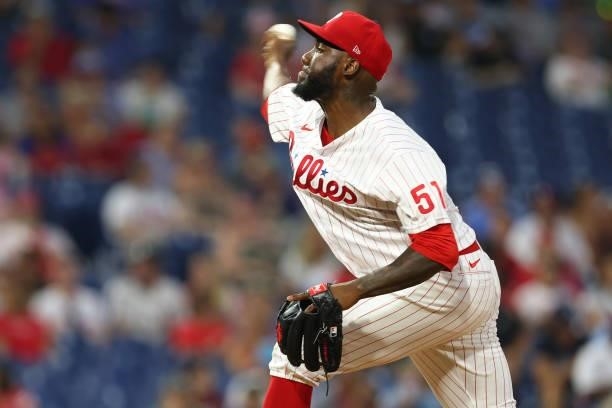 Enyel De Los Santos of the Philadelphia Phillies in action against the Atlanta Braves during a game at Citizens Bank Park on July 24, 2021 in...