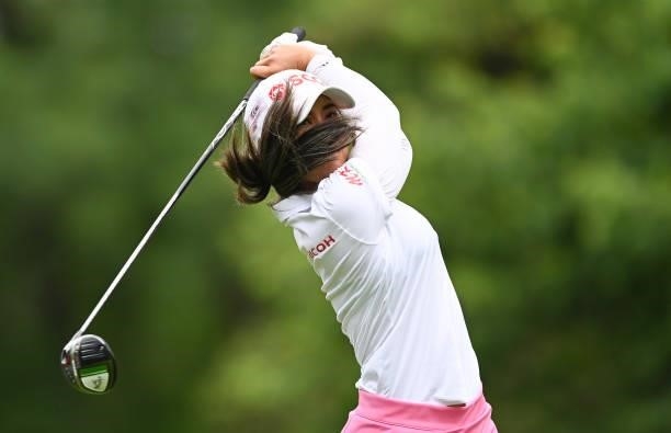 Pajaree Anannarukarn of Thailand plays her tee shot on the seventh hole during day three of the The Amundi Evian Championship at Evian Resort Golf...