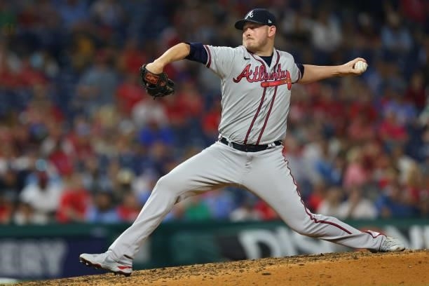 Tyler Matzek of the Atlanta Braves in action against the Philadelphia Phillies during a game at Citizens Bank Park on July 24, 2021 in Philadelphia,...