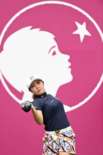 Ayaka Furue of Japan warms up on the first hole during day three of the The Amundi Evian Championship at Evian Resort Golf Club on July 24, 2021 in...
