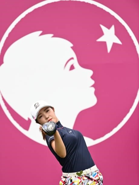 Ayaka Furue of Japan warms up on the first hole during day three of the The Amundi Evian Championship at Evian Resort Golf Club on July 24, 2021 in...