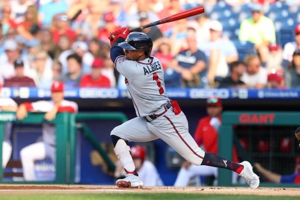 Ozzie Albies of the Atlanta Braves in action against the Philadelphia Phillies during a game at Citizens Bank Park on July 24, 2021 in Philadelphia,...