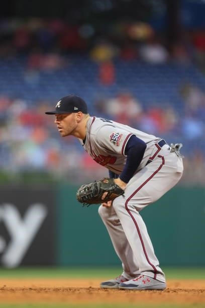 Freddie Freeman of the Atlanta Braves in action against the Philadelphia Phillies during a game at Citizens Bank Park on July 24, 2021 in...