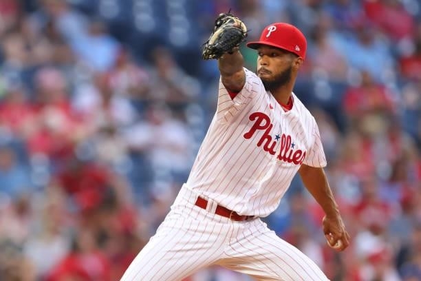 Cristopher Sanchez of the Philadelphia Phillies in action against the Atlanta Braves during a game at Citizens Bank Park on July 24, 2021 in...