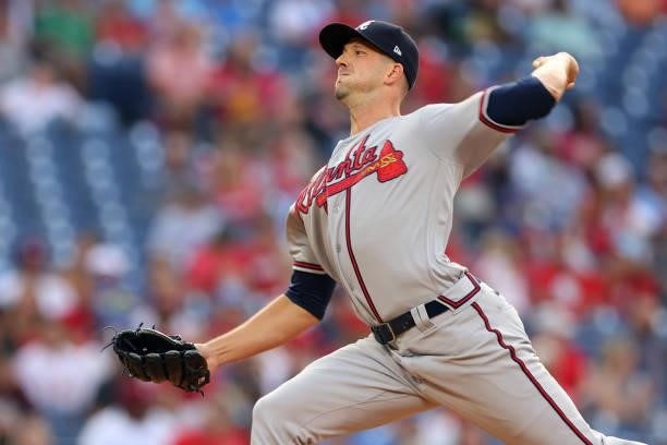 Drew Smyly of the Atlanta Braves in action against the Philadelphia Phillies during a game at Citizens Bank Park on July 24, 2021 in Philadelphia,...