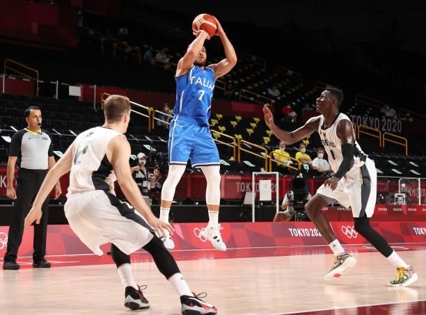 Stefano Tonut of Team Italy shoots against Germany during the second half on day two of the Tokyo 2020 Olympic Games at Saitama Super Arena on July...