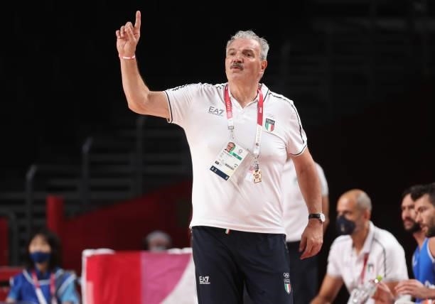 Head coach Meo Sacchetti of Team Italy signals to his team during the second half against Germany on day two of the Tokyo 2020 Olympic Games at...