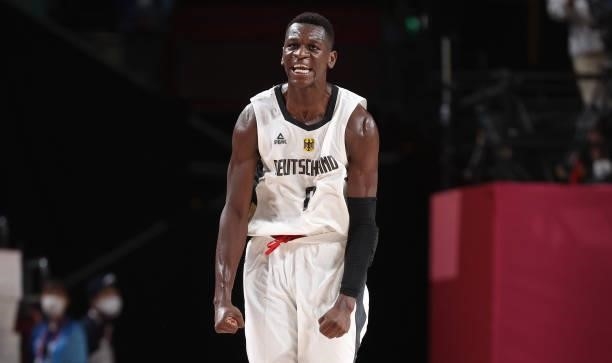 Isaac Bonga of Team Germany celebrates a basket against Italy during the second half on day two of the Tokyo 2020 Olympic Games at Saitama Super...