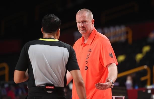 Head coach Henrik Rodl of Team Germany argues a call during the second half against Italy on day two of the Tokyo 2020 Olympic Games at Saitama Super...