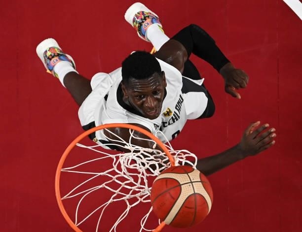 Isaac Bonga of Team Germany goes up for a shot against Italy during the second half on day two of the Tokyo 2020 Olympic Games at Saitama Super Arena...