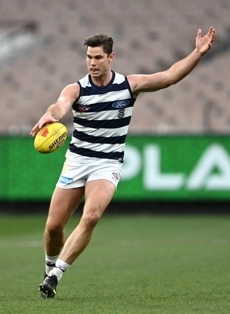 Tom Hawkins of the Cats kicks during the round 19 AFL match between Geelong Cats and Richmond Tigers at Melbourne Cricket Ground on July 25, 2021 in...