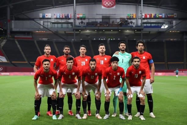 Team Egypt pose for a team photograph prior to the Men's First Round Group C match between Egypt and Argentina on day two of the Tokyo 2020 Olympic...