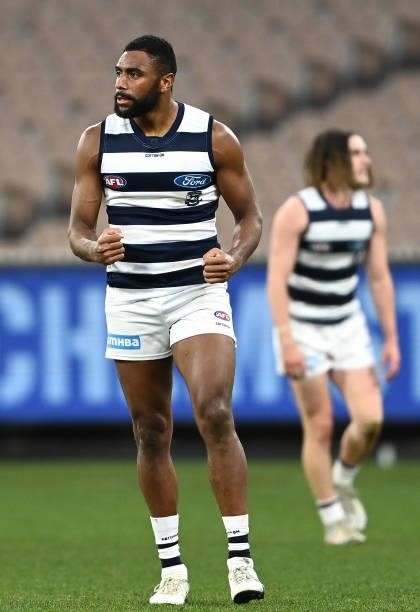 Esava Ratugolea of the Cats celebrates kicking a goal during the round 19 AFL match between Geelong Cats and Richmond Tigers at Melbourne Cricket...