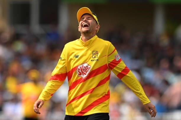 Joe Root of Trent Rockets laughs during the Hundred Match between Trent Rockets and Southern Brave at Trent Bridge on July 24, 2021 in Nottingham,...