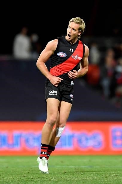 Darcy Parish of the Bombers celebrates kicking a goal during the round 19 AFL match between Essendon Bombers and Greater Western Sydney Giants at...
