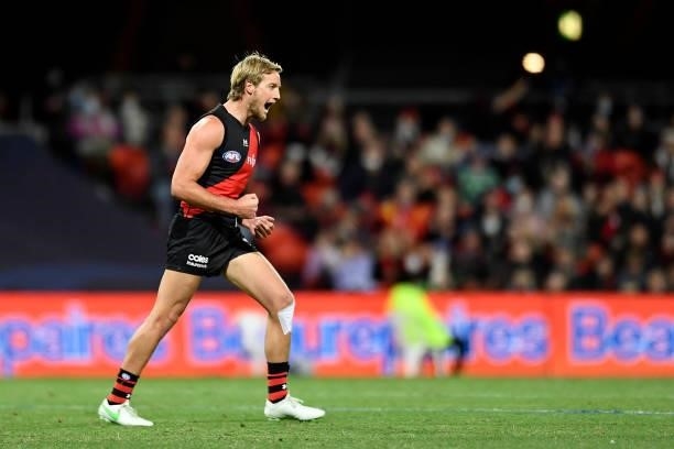 Darcy Parish of the Bombers celebrates kicking a goal during the round 19 AFL match between Essendon Bombers and Greater Western Sydney Giants at...