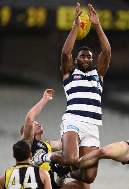 Esava Ratugolea of the Cats attempts to mark during the round 19 AFL match between Geelong Cats and Richmond Tigers at Melbourne Cricket Ground on...