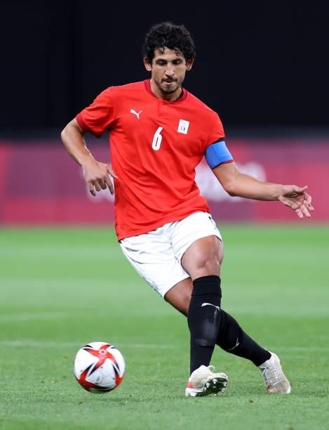 Ahmed Hegazy of Team Egypt passes the ball during the Men's First Round Group C match between Egypt and Argentina on day two of the Tokyo 2020...