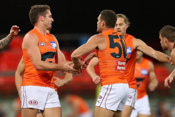 Jesse Hogan of the GWS Giants celebrates his goal during the round 19 AFL match between Essendon Bombers and Greater Western Sydney Giants at...
