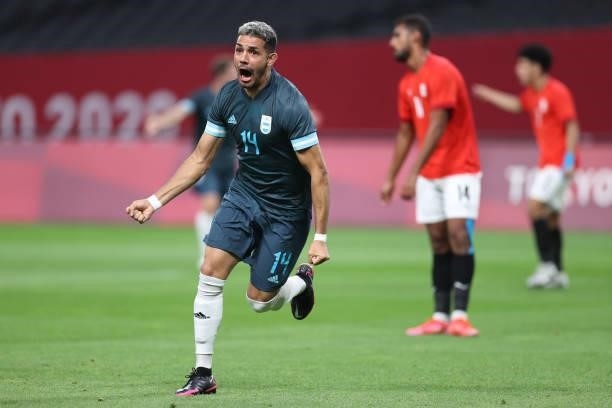 Facundo Medina of Team Argentina celebrates after scoring their side's first goal during the Men's First Round Group C match between Egypt and...