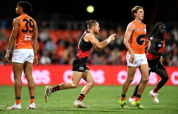 David Zaharakis of the Bombers celebrates kicking a goal during the round 19 AFL match between Essendon Bombers and Greater Western Sydney Giants at...