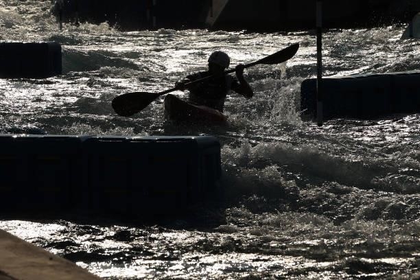 Ricarda Funk of Team Germany competes in the Women's Kayak Slalom Heats 2nd Run on day two of the Tokyo 2020 Olympic Games at Kasai Canoe Slalom...