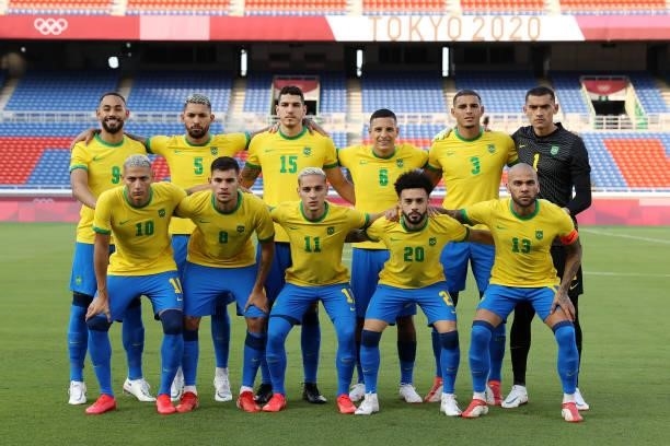 Players of Team Brazil pose for a team photograph prior to during the Men's First Round Group D match between Brazil and Cote d'Ivoire on day two of...