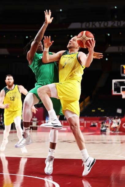 Joe Ingles of Team Australia drives to the basket against Nigeria during the second half on day two of the Tokyo 2020 Olympic Games at Saitama Super...