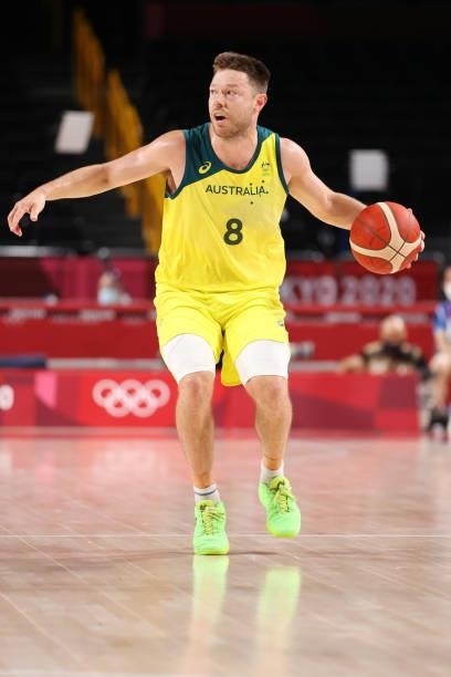 Matthew Dellavedova of Team Australia calls out a play against Nighia during the first half on day two of the Tokyo 2020 Olympic Games at Saitama...