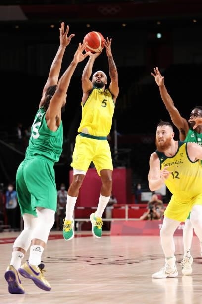Patty Mills of Team Australia takes a jump shot against Nigeria during the first half on day two of the Tokyo 2020 Olympic Games at Saitama Super...