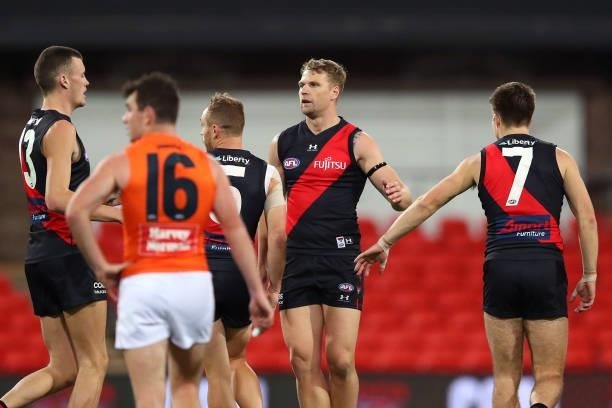 Jake Stringer of Essendon celebrates his goal during the round 19 AFL match between Essendon Bombers and Greater Western Sydney Giants at Metricon...