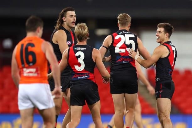 Jake Stringer of Essendon celebrates his goal during the round 19 AFL match between Essendon Bombers and Greater Western Sydney Giants at Metricon...