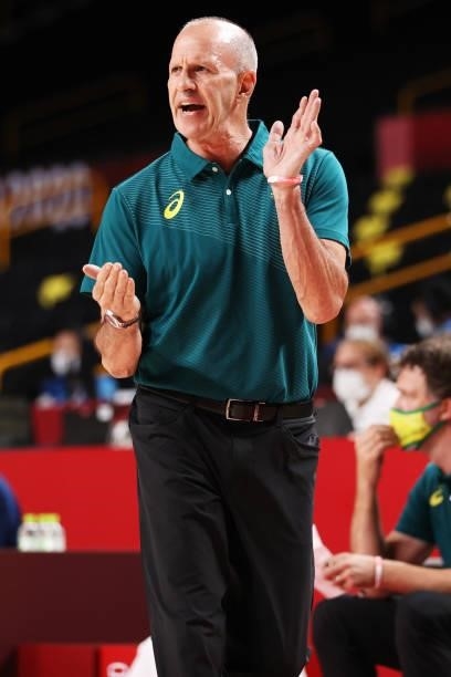 Head Coach Brian Goorjian of Team Australia shouts instructions to his team during the first half against Nigeria on day two of the Tokyo 2020...