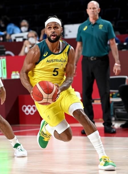 Patty Mills of Australia in action during the preliminary rounds of the Men's Basketball match between Australia and Nigeria on day two of the Tokyo...